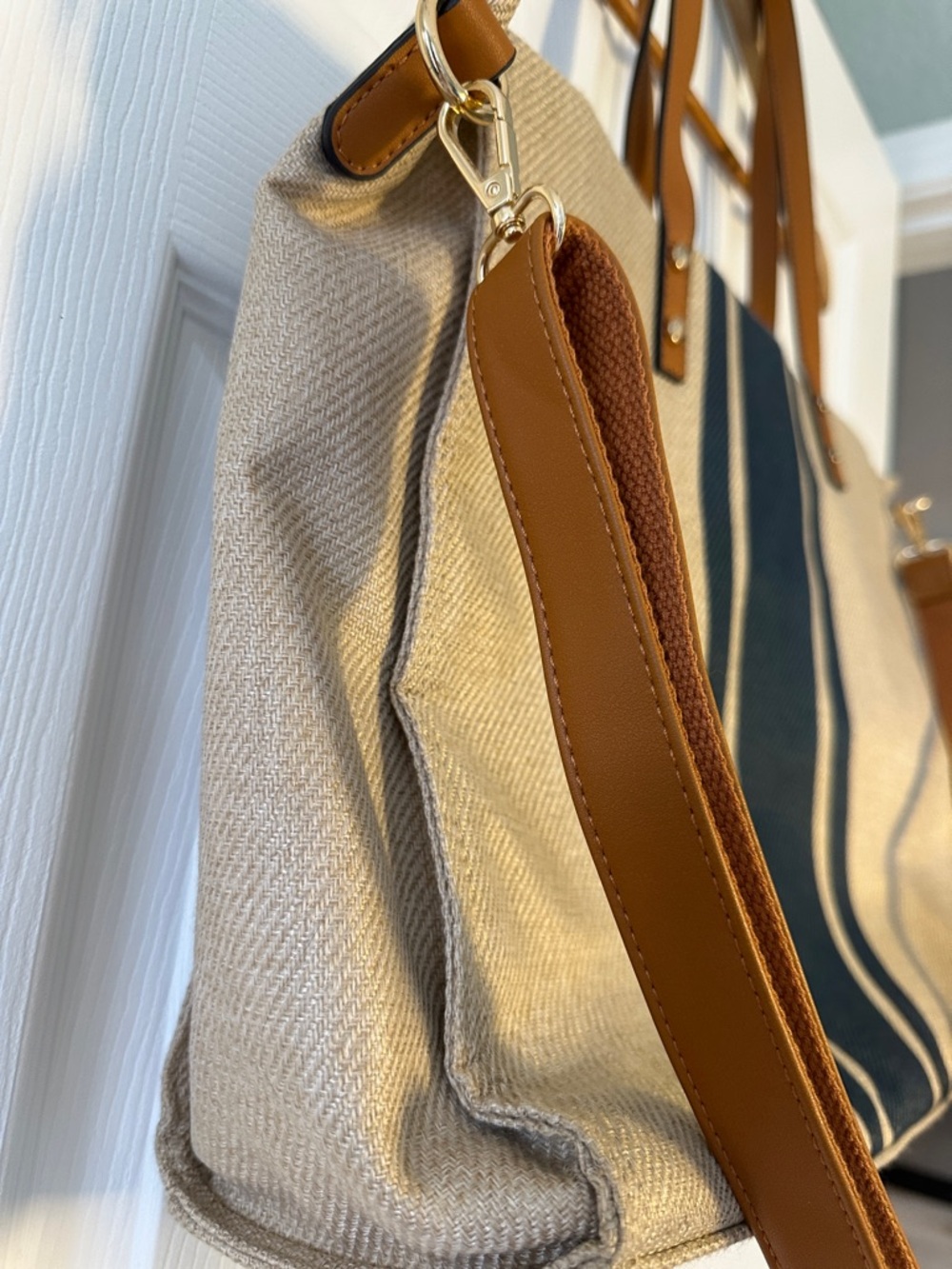 Canvas Tote Bag with Dark Blue Stripe and Brown Leather Handles - Picture 8 of 8